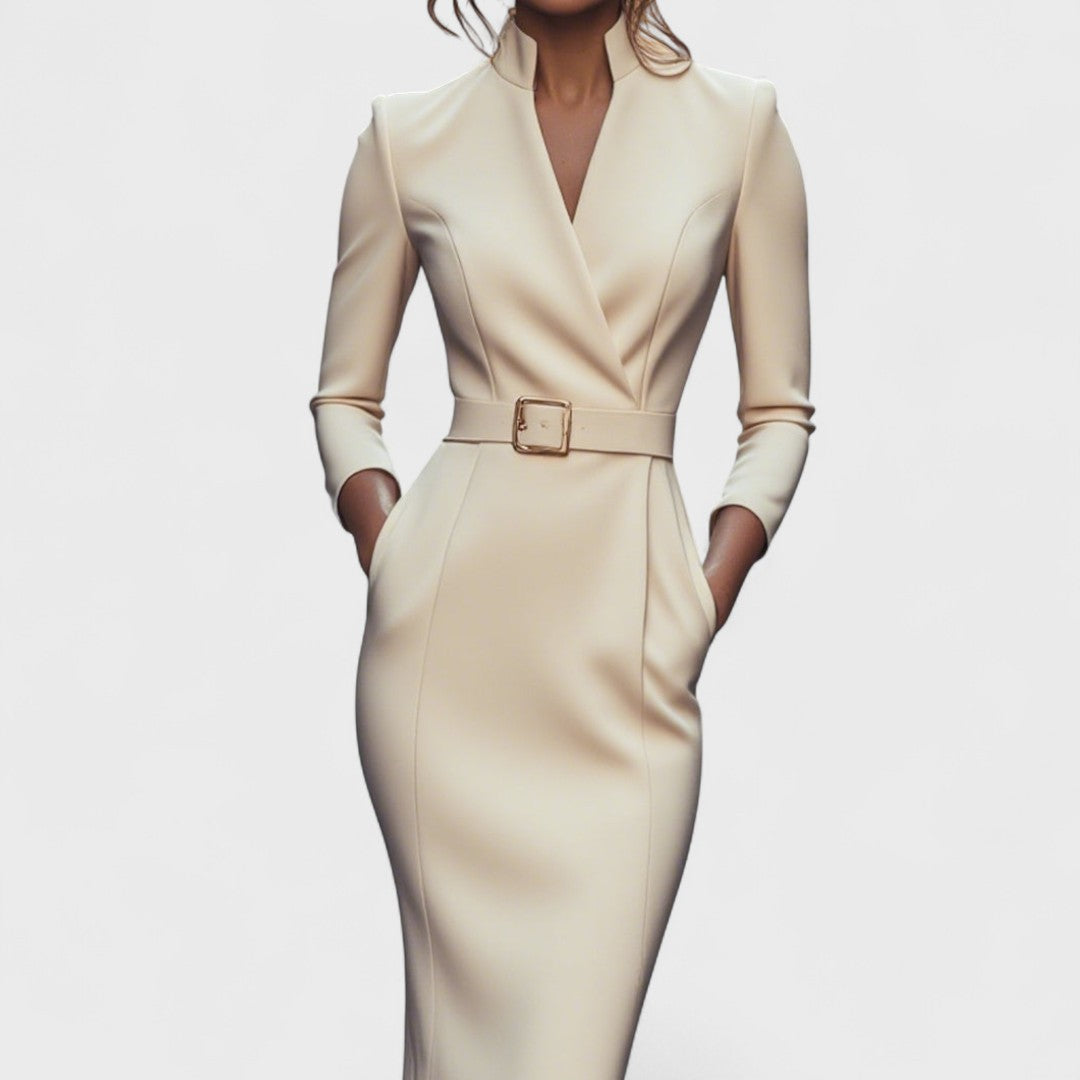 Mandarin Collar Belted Dress