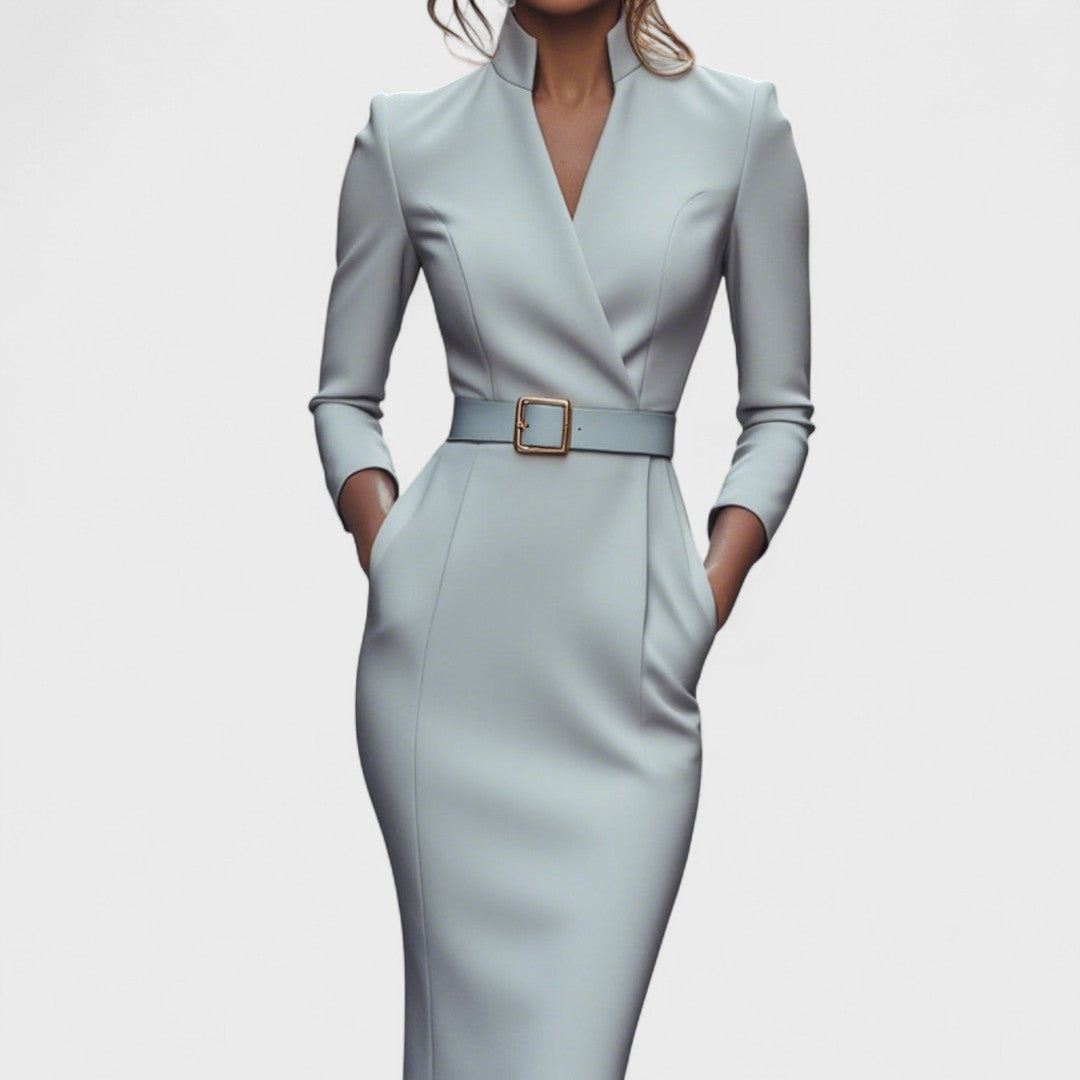 Mandarin Collar Belted Dress