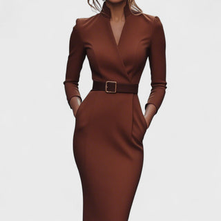 Mandarin Collar Belted Dress