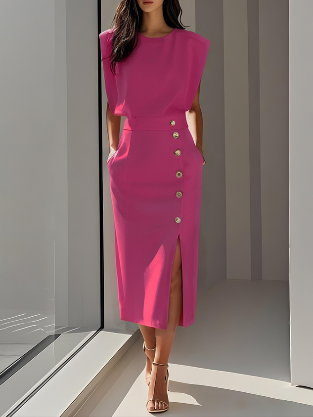 Aina Round Neck Button Midi Dress