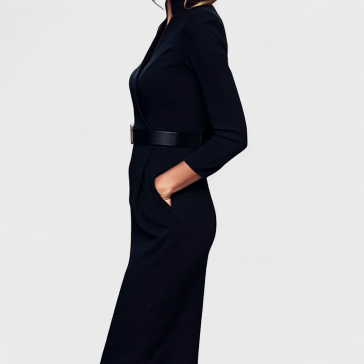 Mandarin Collar Belted Dress