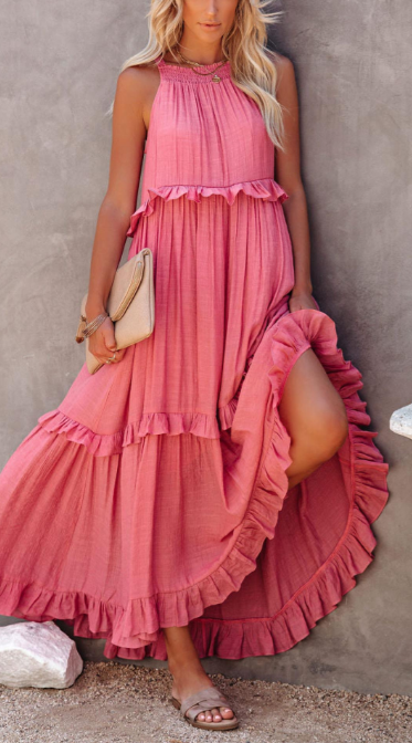 Priscilla Halter Ruffle Maxi Dress