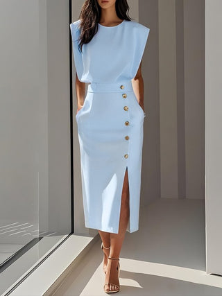 Aina Round Neck Button Midi Dress