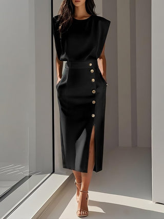 Aina Round Neck Button Midi Dress