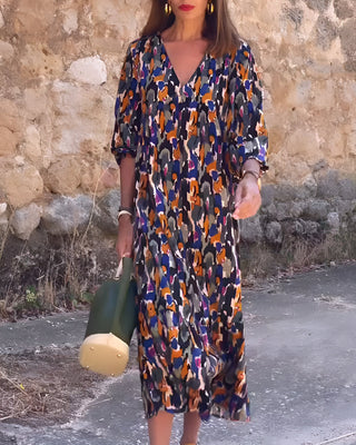 Nathalie Retro Print V-Neck Dress