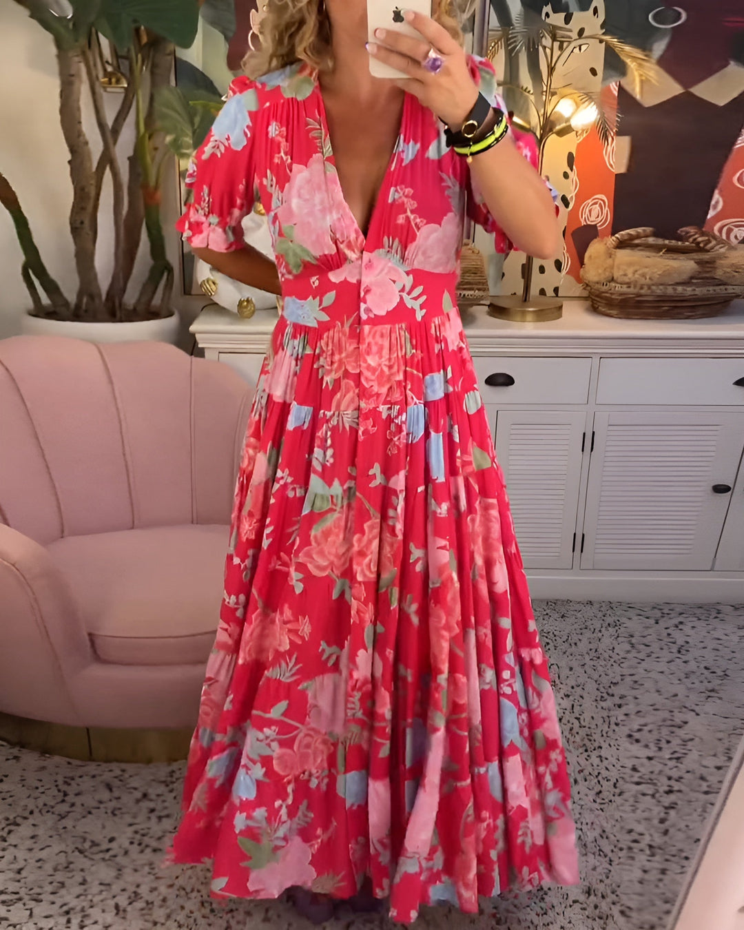 Carine Floral V-Neck Dress with Pocket