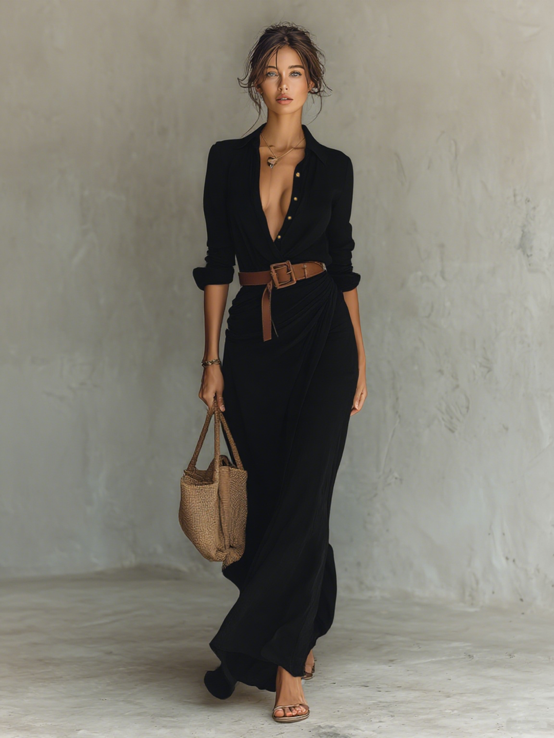 Elara Lapel Collar Belted Maxi Dress