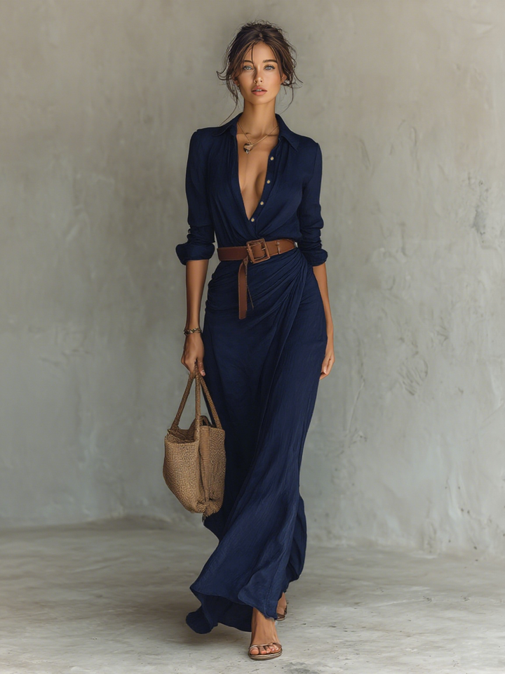 Elara Lapel Collar Belted Maxi Dress