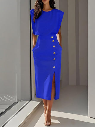 Aina Round Neck Button Midi Dress
