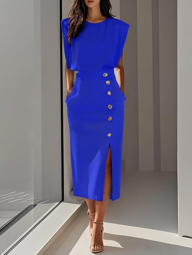 Aina Round Neck Button Midi Dress