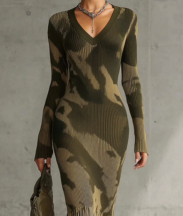 Maria Camo Print V-Neck Dress