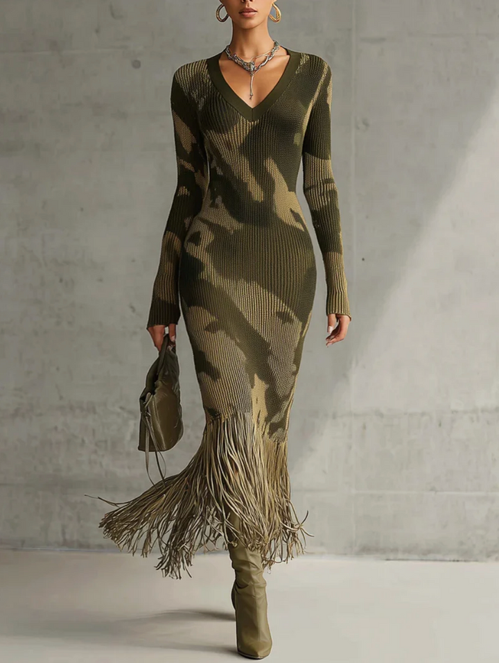 Maria Camo Print V-Neck Dress