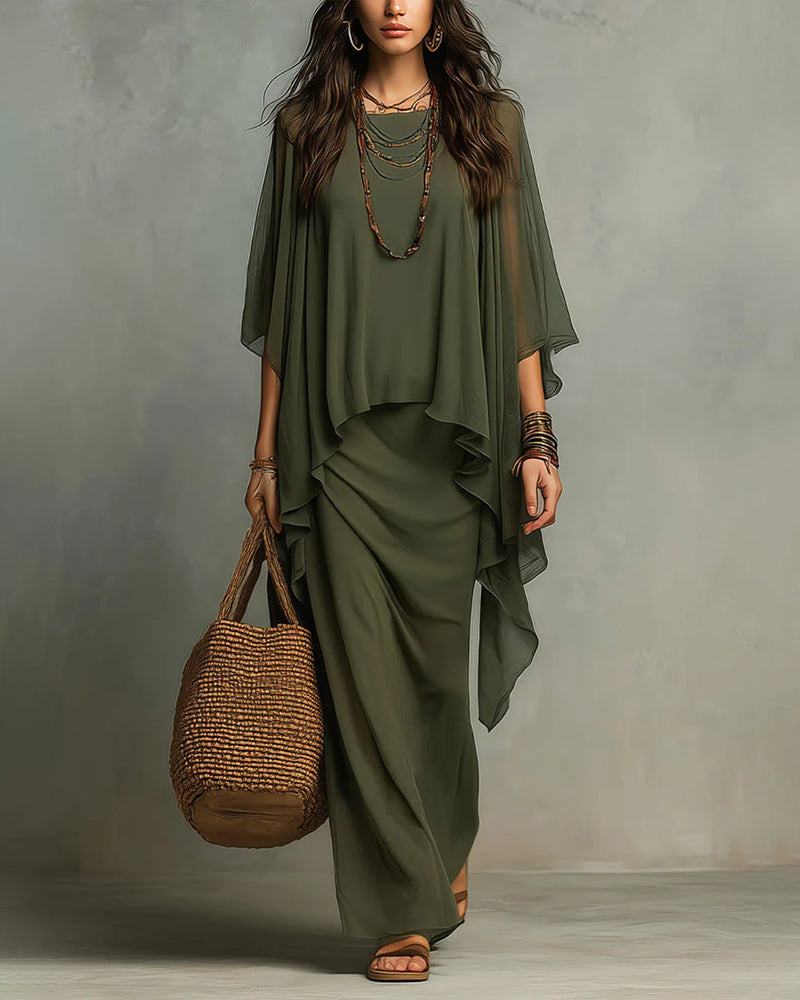Cape Sleeve Overlay Maxi Dress