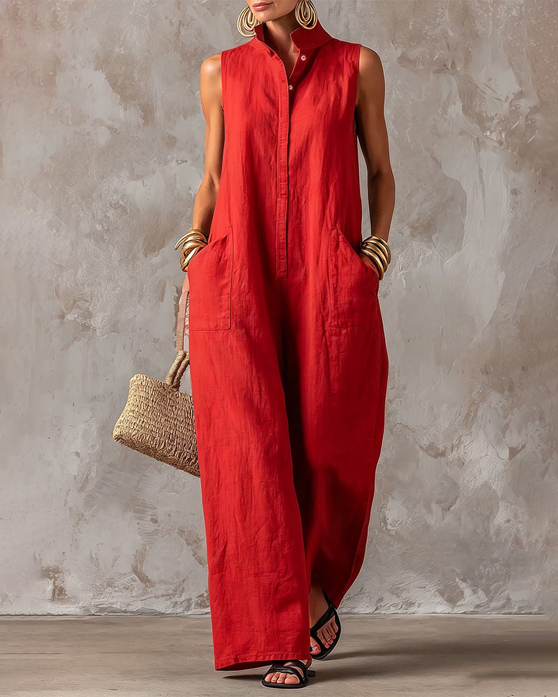 Sleeveless Stand Collar Wide Leg Jumpsuit