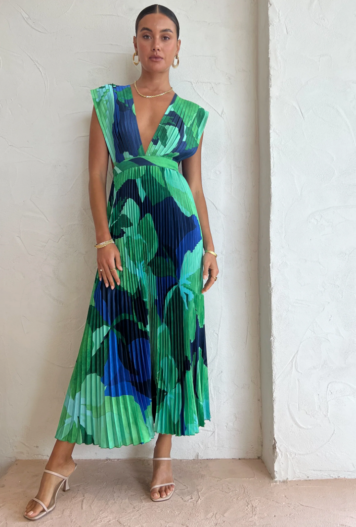 Evangelina Pleated Blue Dress