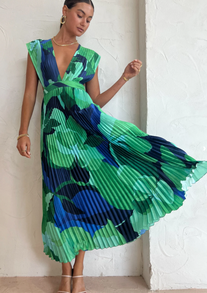 Evangelina Pleated Blue Dress