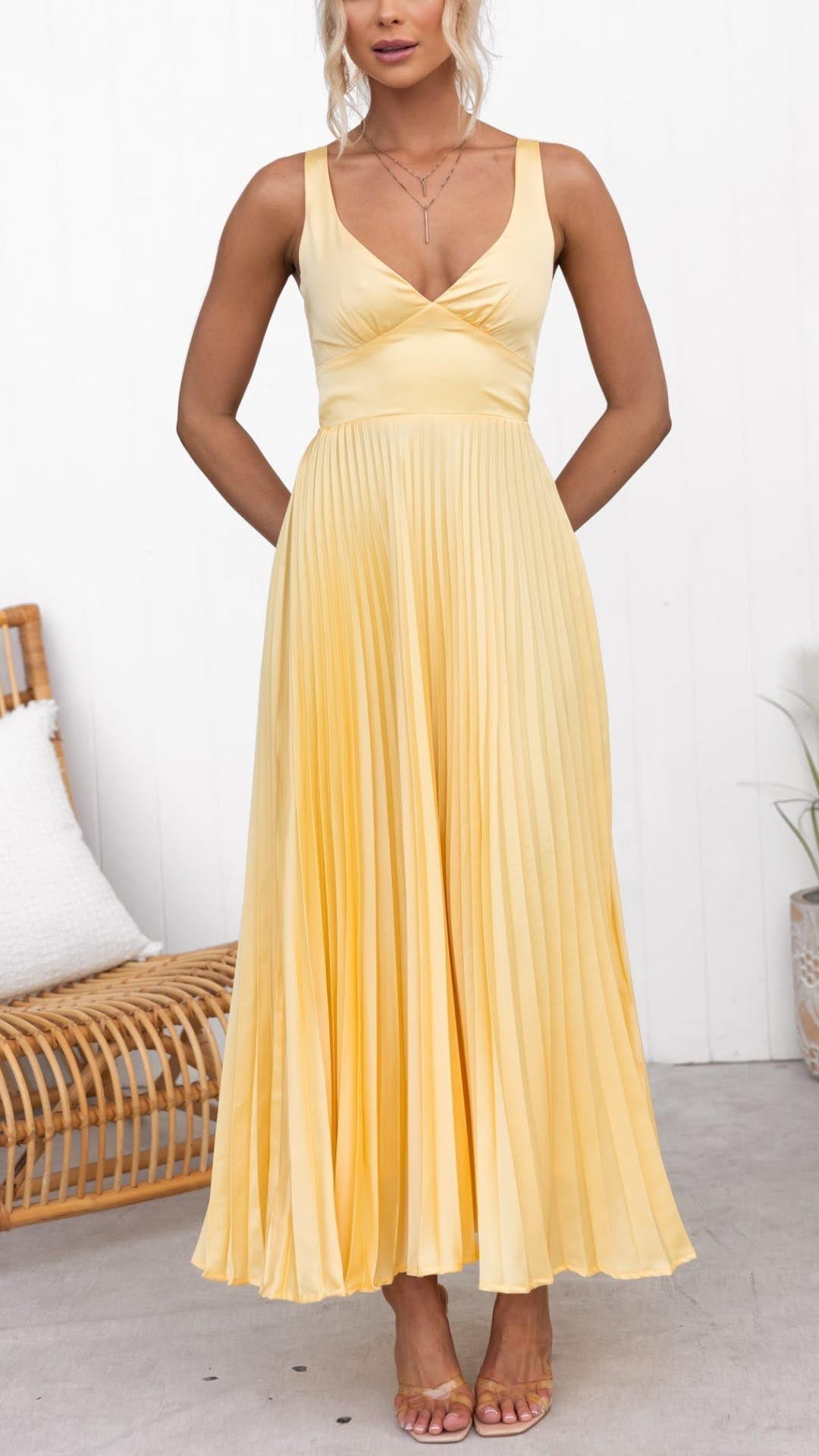 Aby Pleated V-Neck Maxi Dress