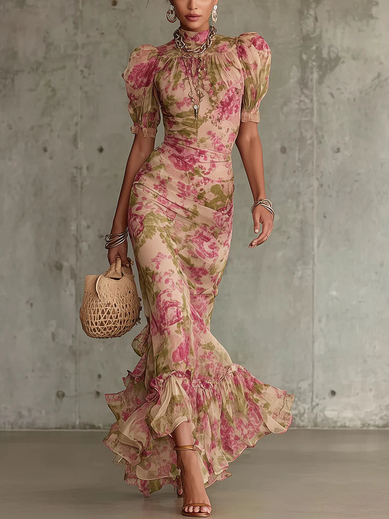 Rosalind Vintage Rose Puff Sleeve Maxi Dress