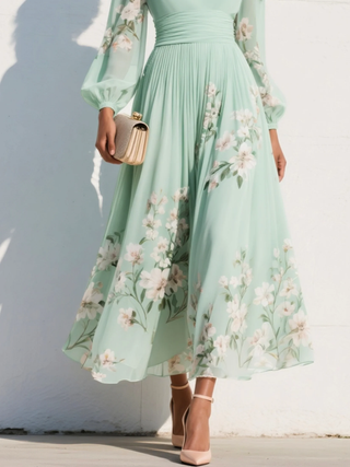 Menta Pleated Floral Maxi Dress