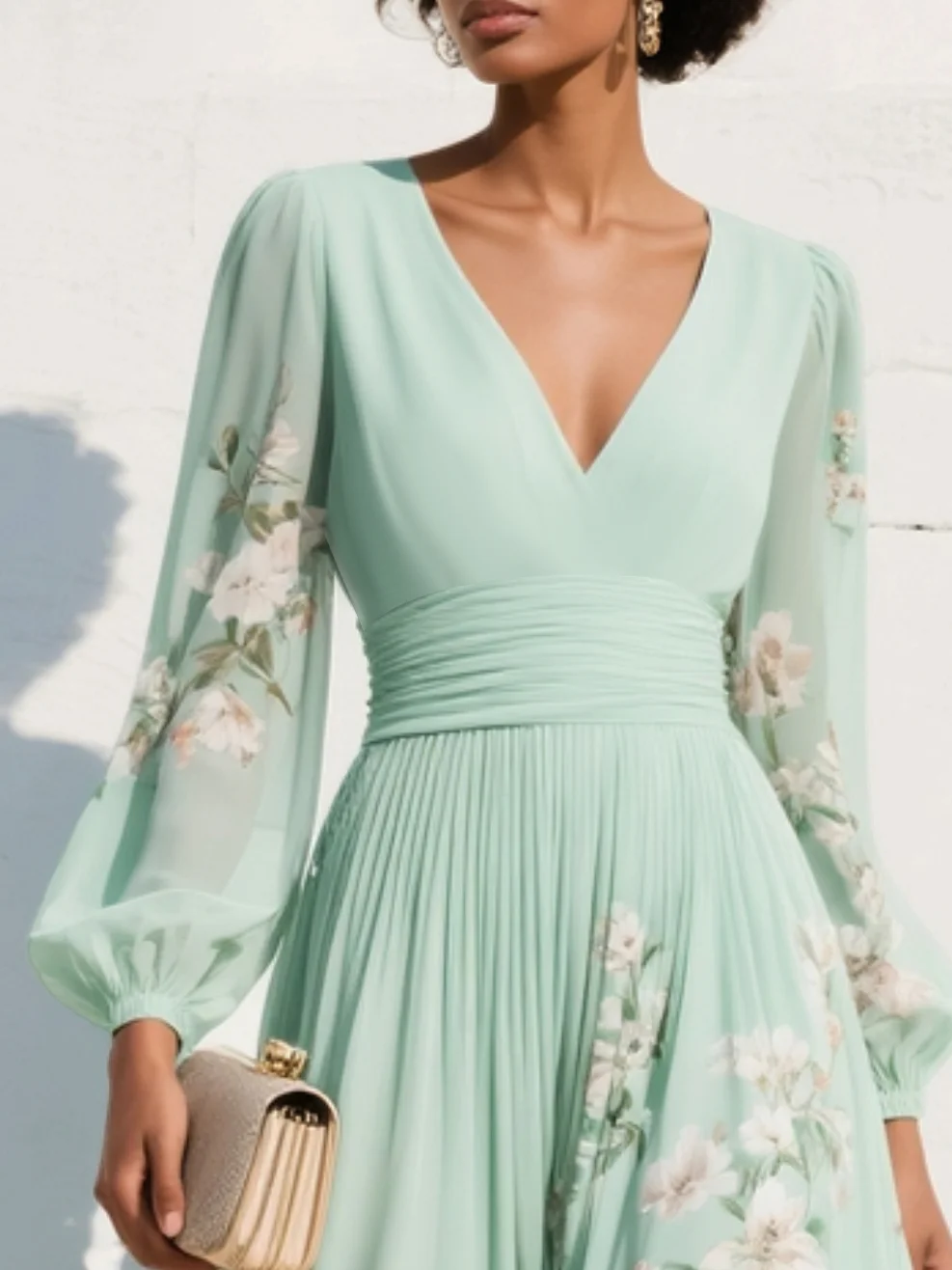 Menta Pleated Floral Maxi Dress