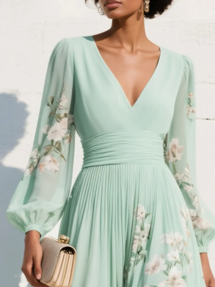 Menta Pleated Floral Maxi Dress