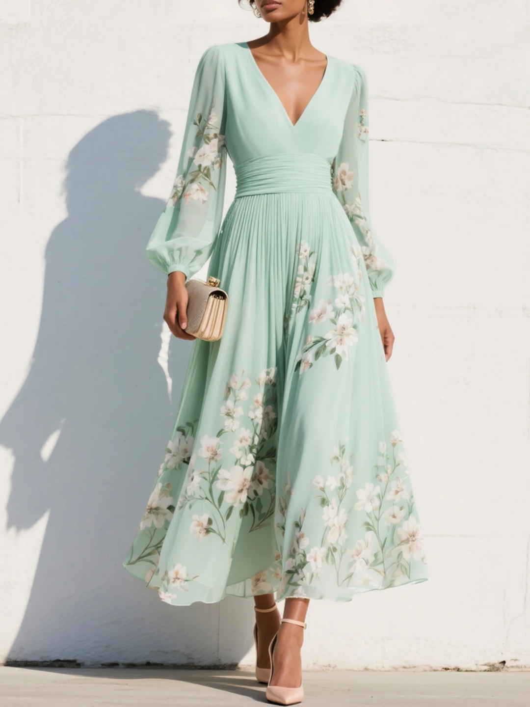Menta Pleated Floral Maxi Dress