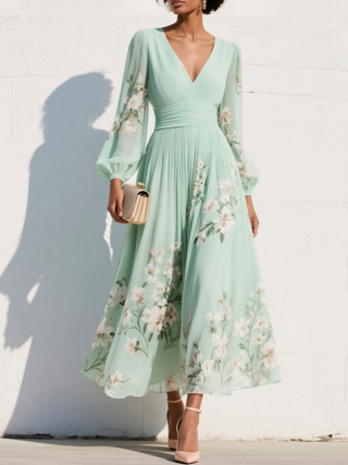 Menta Pleated Floral Maxi Dress