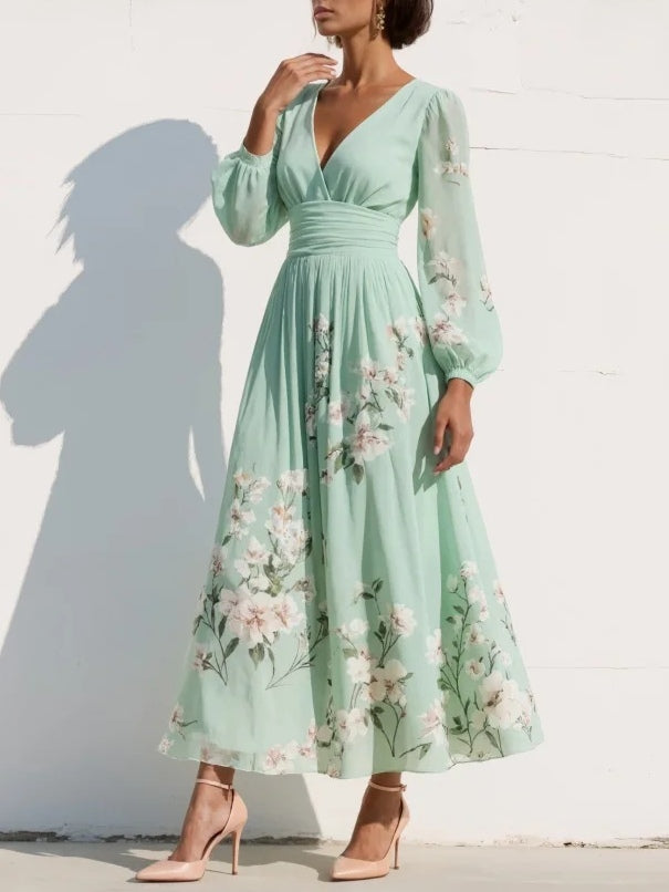 Menta Pleated Floral Maxi Dress