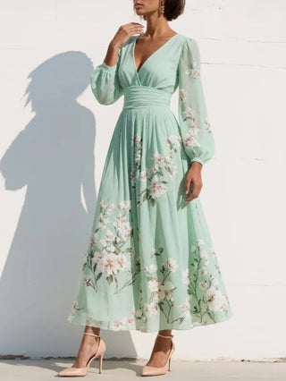 Menta Pleated Floral Maxi Dress