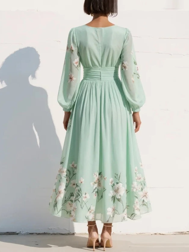 Menta Pleated Floral Maxi Dress