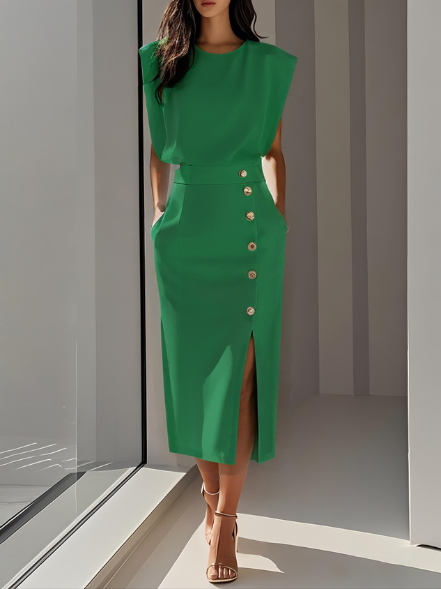 Aina Round Neck Button Midi Dress