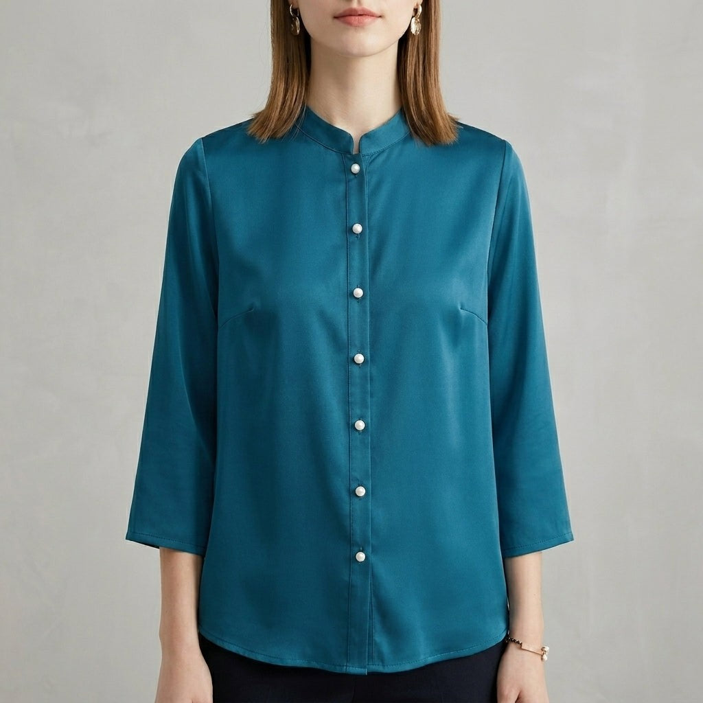 Bergamo Relaxed-Fit Mandarin Collar Blouse in Azure - Sienna & Stella