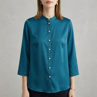 Bergamo Relaxed-Fit Mandarin Collar Blouse in Azure - Sienna & Stella
