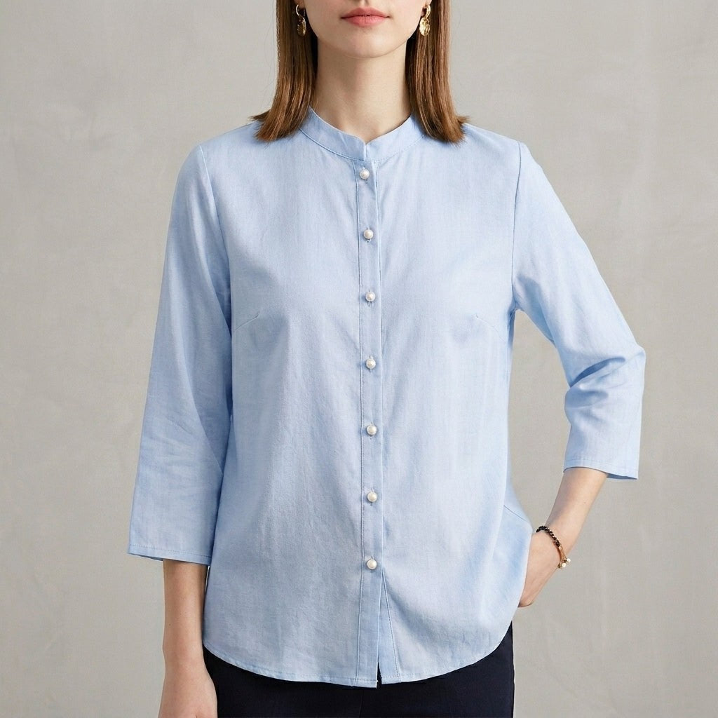 Bergamo Relaxed-Fit Mandarin Collar Blouse in Cerulean - Sienna & Stella