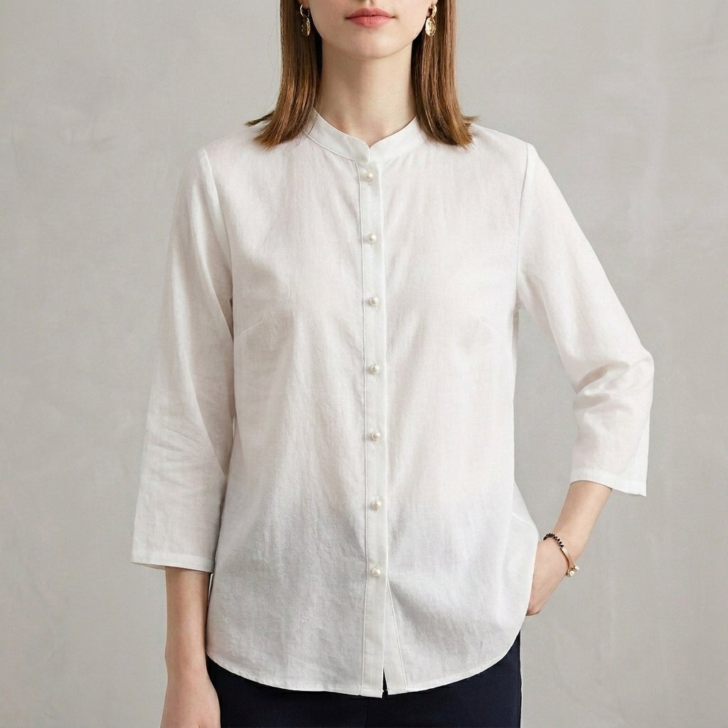 Bergamo Relaxed-Fit Mandarin Collar Blouse in Optic White - Sienna & Stella