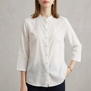 Bergamo Relaxed-Fit Mandarin Collar Blouse in Optic White - Sienna & Stella