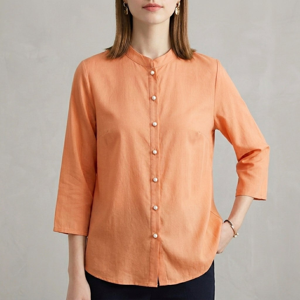 Bergamo Relaxed-Fit Mandarin Collar Blouse in Terracotta - Sienna & Stella