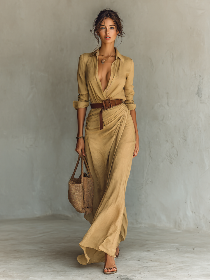 Elara Lapel Collar Belted Maxi Dress