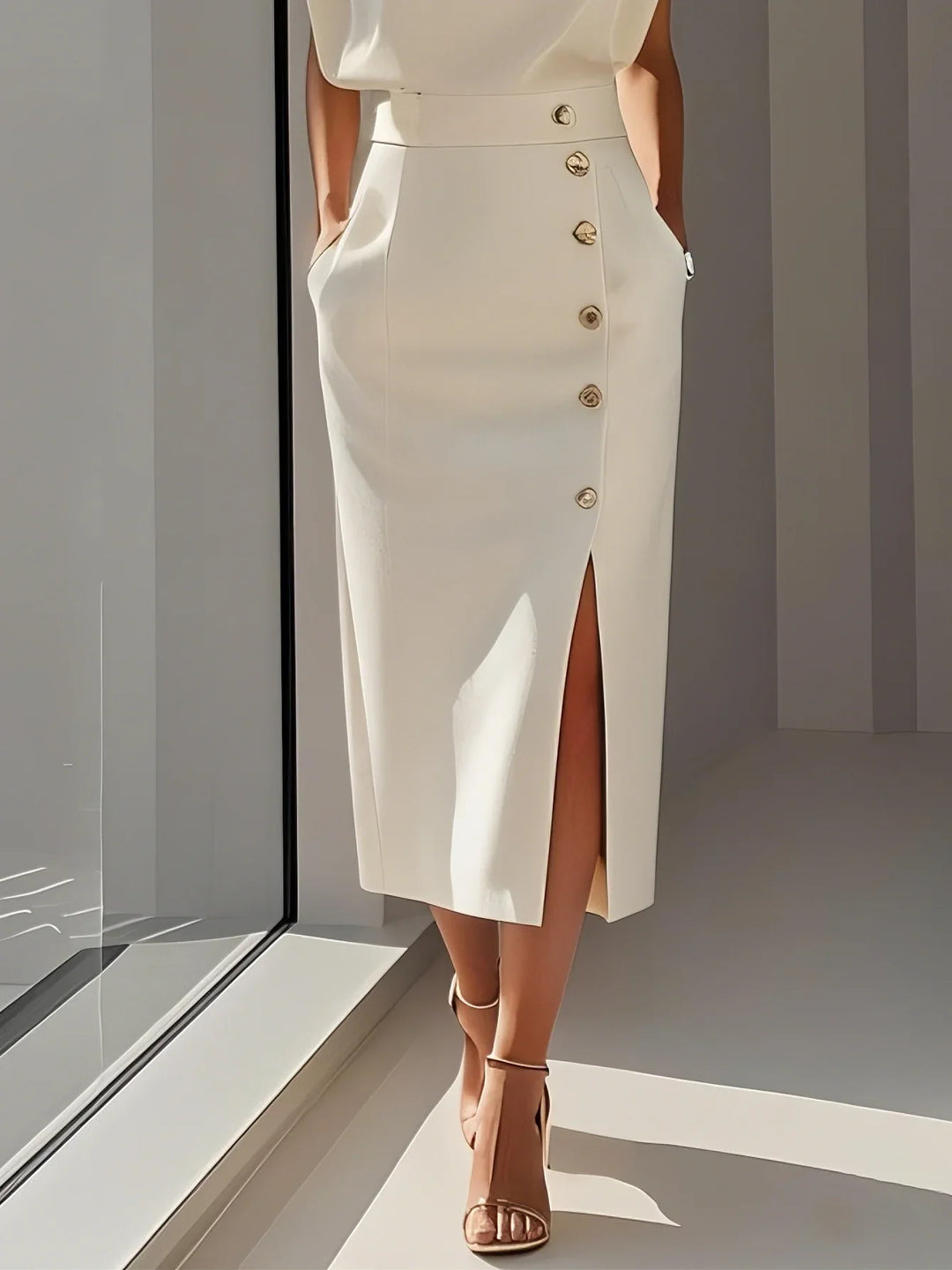 Aina Round Neck Button Midi Dress