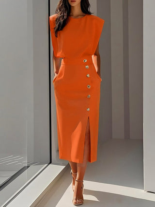 Aina Round Neck Button Midi Dress