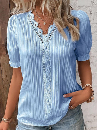 Cervia Cutout Short-Sleeve Blouse in Sky Blue - Sienna & Stella