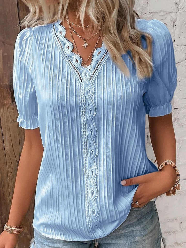 Cervia Cutout Short-Sleeve Blouse in Sky Blue - Sienna & Stella