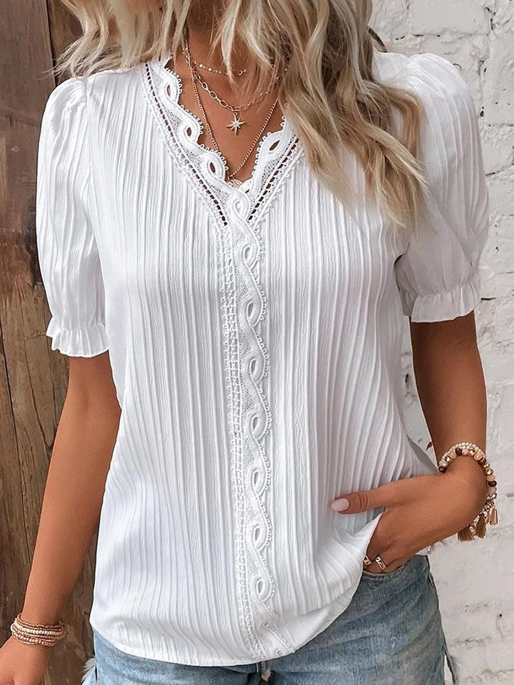 Cervia Cutout Short-Sleeve Blouse in White - Sienna & Stella