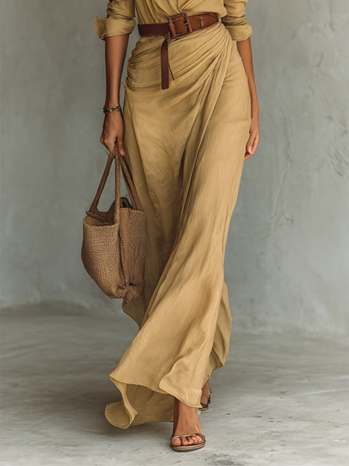Elara Lapel Collar Belted Maxi Dress