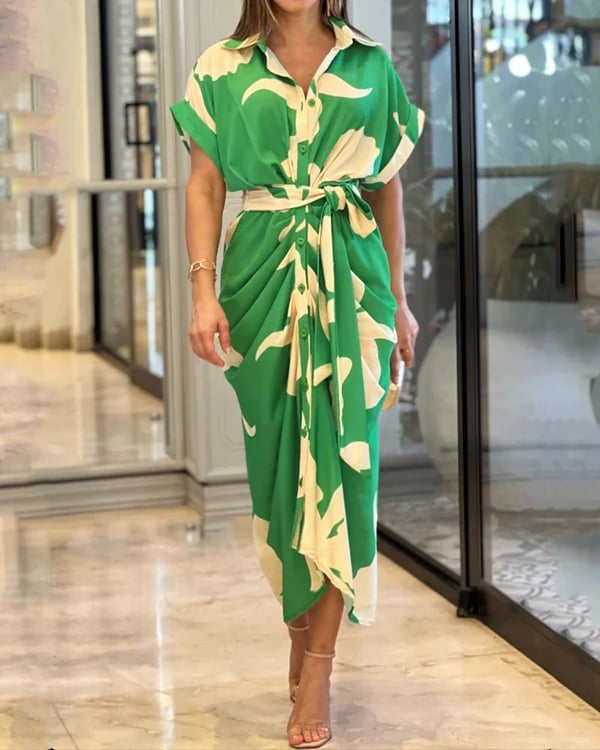 Brenda Printed Button Tie-Waist Dress