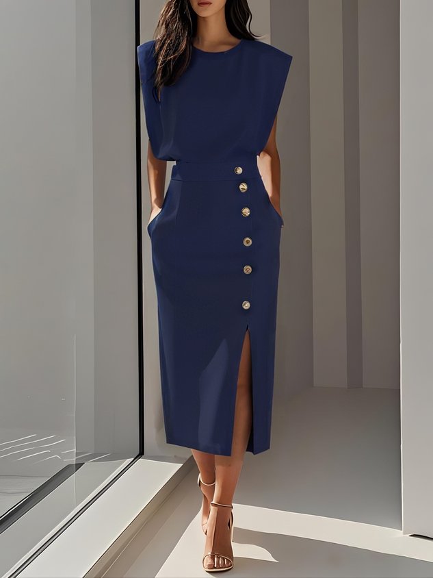 Aina Round Neck Button Midi Dress