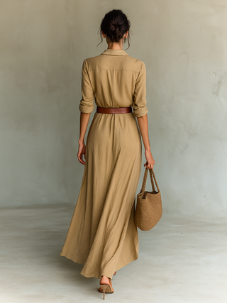 Elara Lapel Collar Belted Maxi Dress